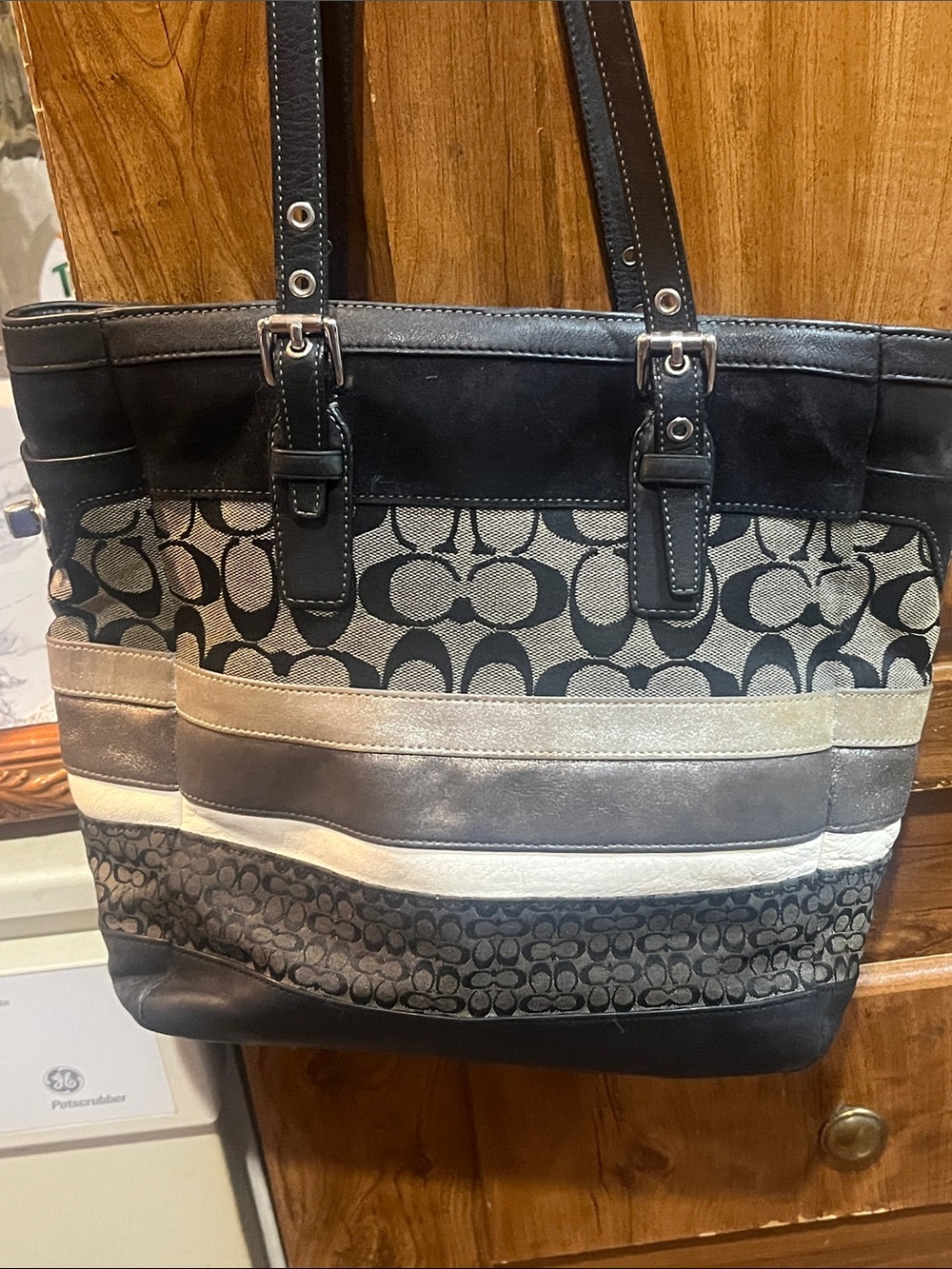 Coach Striped Signature Canvas Tote in Black and Gray